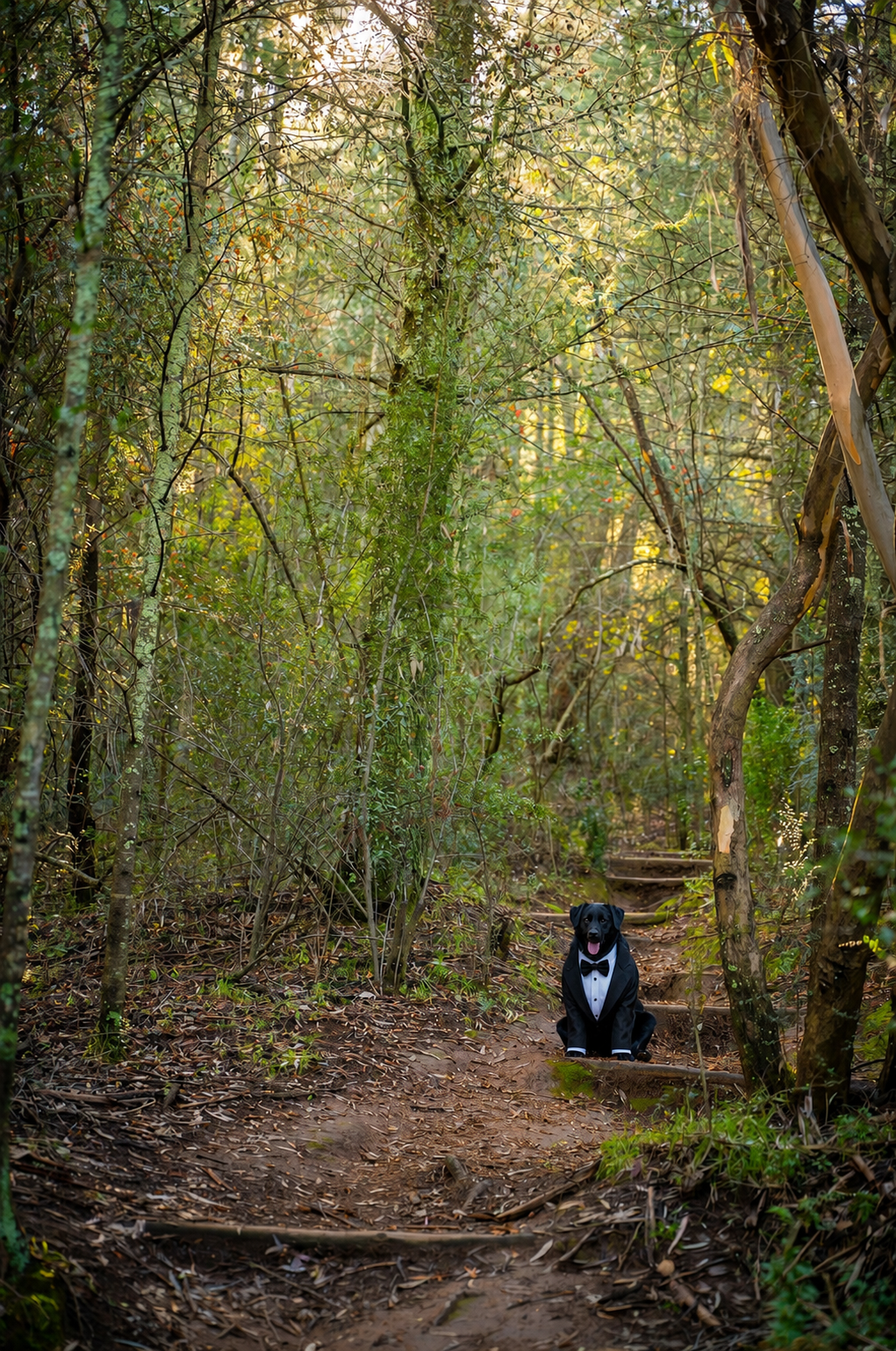Black dog wearing a tuxedo on a wooded path
